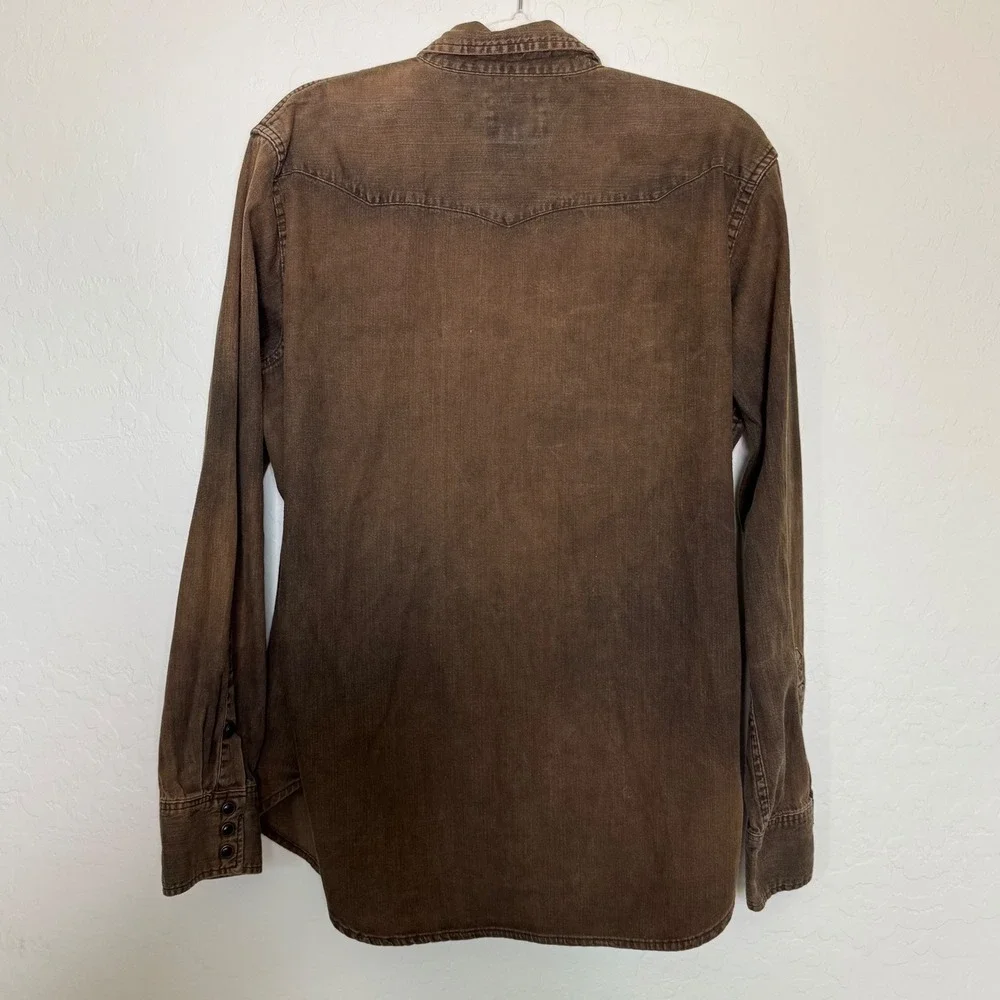 Polo Ralph Lauren Mens Cotton Denim Western Shirt L Brown Snap Front Cowboy